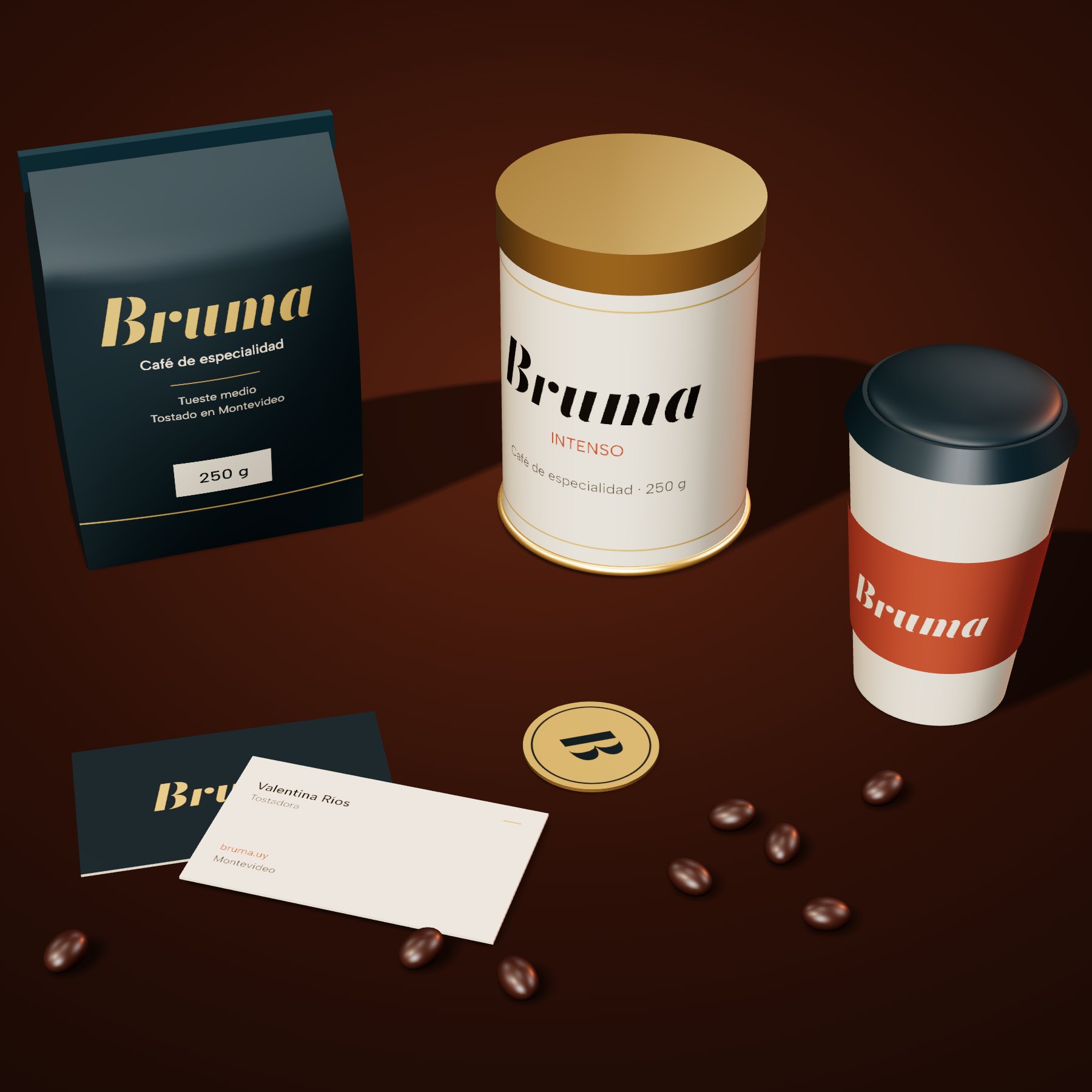Identidad de BRUMA: bolsa de café, lata, vaso, tarjetas y sello con la misma marca