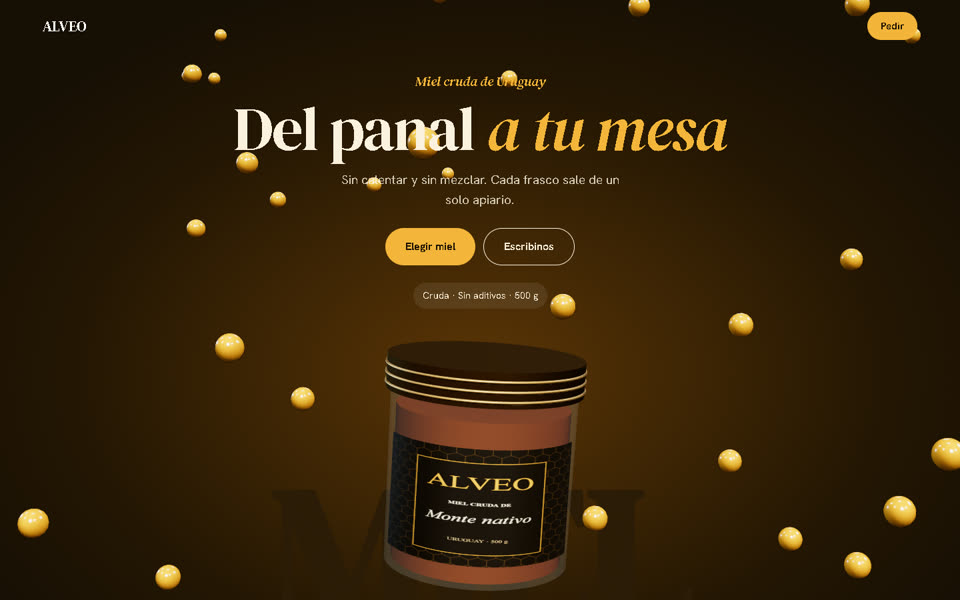 Web de ALVEO con un frasco de miel en 3D