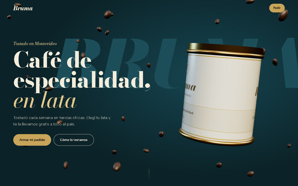 Web de BRUMA con una lata de café en 3D